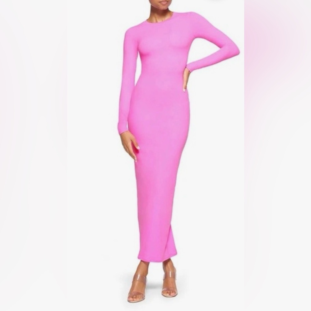 SKIMS Fits Everybody Crew Neck Long Dress Neon Orchid NWT XS